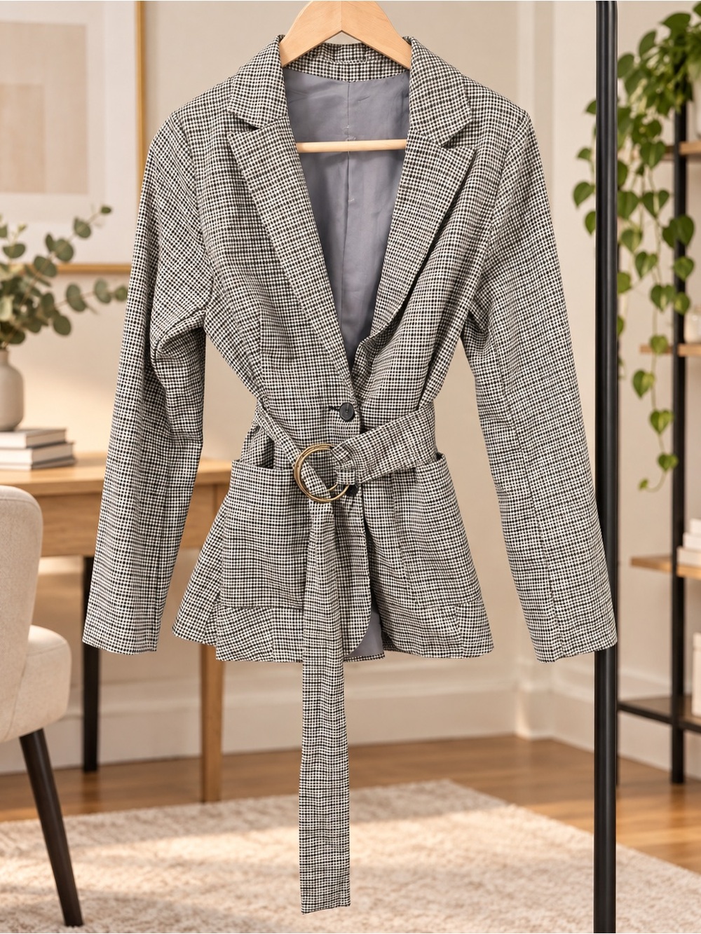 Haute Monde Gray Houndstooth Belted Blazer